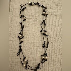 Tous Elegant Black Leather Bow and White Pearl Necklace with Box